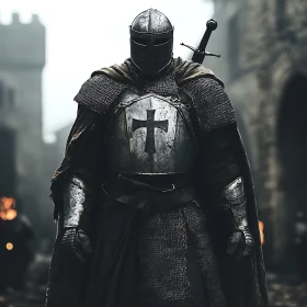 Armored Knight with Sword in Cityscape
