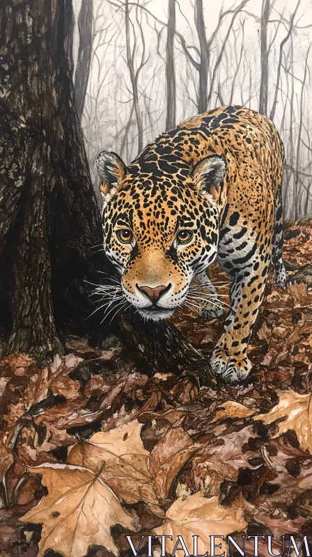 Wild Leopard Amidst Autumn Leaves AI Image