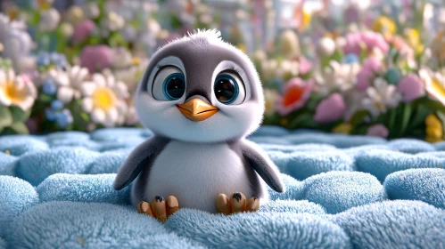 Whimsical Penguin Among Flowers