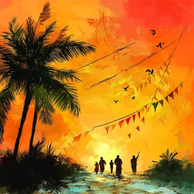 Tropical Sunset Silhouette Art