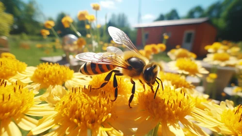 Bee Pollinating Yellow Flowers: A Study in Charming Realism