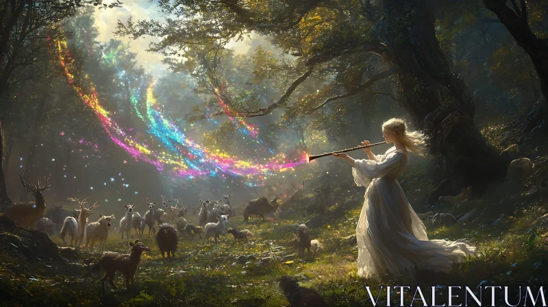 Forest Flute Player with Rainbow Light AI Image