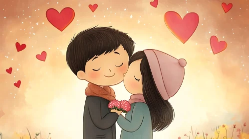 Romantic Cartoon Couple Surrounded by Hearts