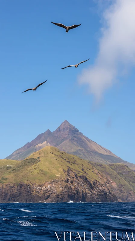 AI ART Birds Flying Over a Towering Mountain and Ocean