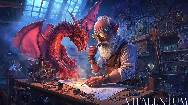 AI ART Inventor and Dragon: Steampunk Design