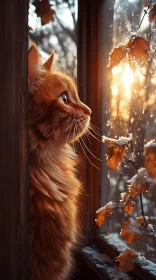 Tranquil Cat and Sunset Leaves