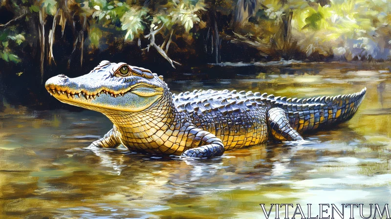 Sunlit Alligator in Nature AI Image