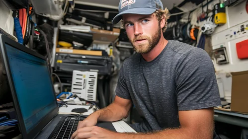 Man with Laptop in Cluttered Interior
