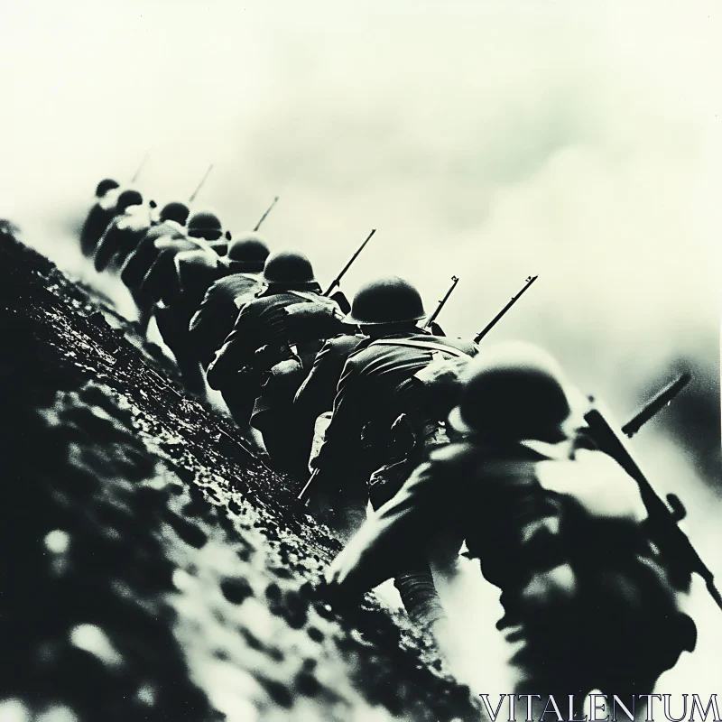 Monochrome Image of Soldiers Climbing AI Image