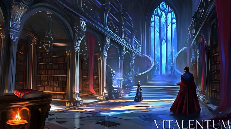 Majestic Library Interior with Blue Light AI Image