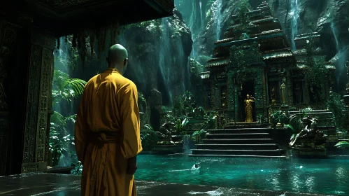 Monk Contemplates Temple