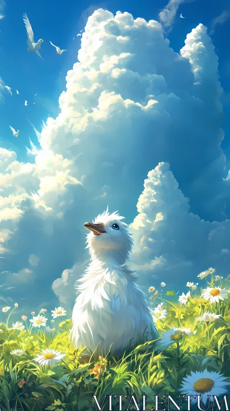 White Bird in Daisy Field AI Image