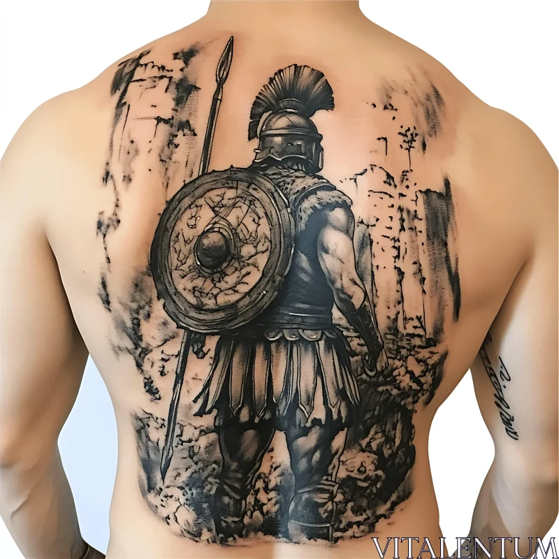 AI ART Back Tattoo: Ancient Warrior with Shield