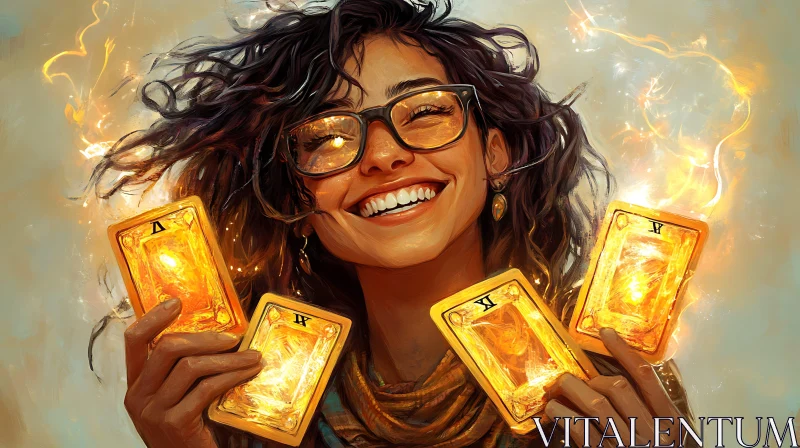 AI ART Smiling Woman with Glowing Tarot Cards