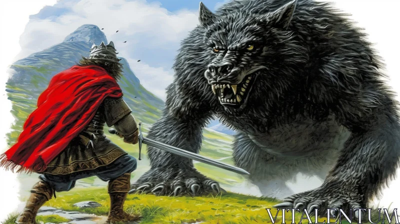 Epic Battle of Man vs Wolf: A Dark and Dramatic Digital Painting AI Image