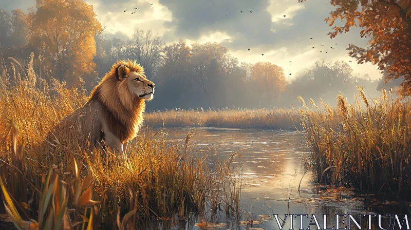 Autumn Tranquility with a Lion AI Image