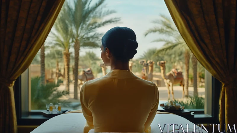 Desert Serenity: Woman in Luxury Hotel Room Watching Camels AI Image