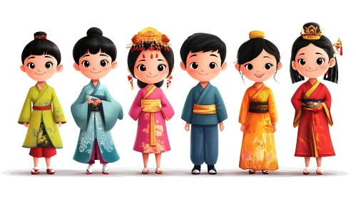 Cartoon Characters in Traditional Asian Costumes