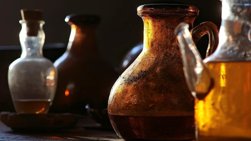 Golden Liquid Still Life: Glass Bottles and Jars on Wooden Table