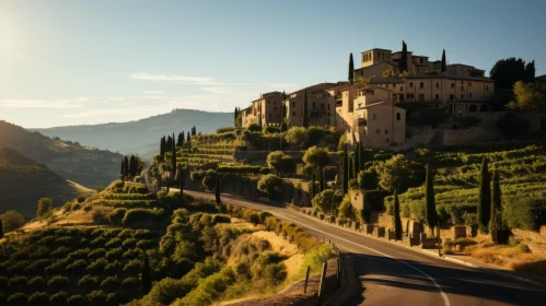 Old Tuscan City with Vineyards and Cypress Trees - A Picturesque Vista