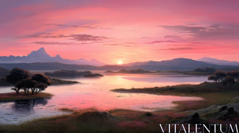 Romantic Sunset Over Meadow - Matte Painting Style AI Image
