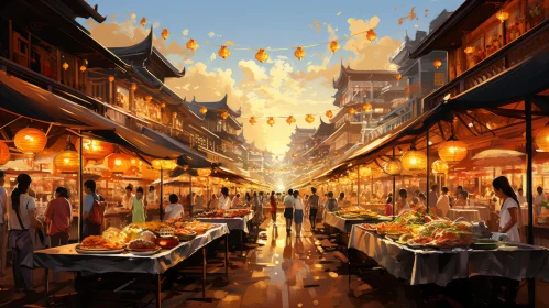 Traditional Chinese Market in Golden Light - Festive Atmosphere Artwork