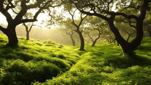 Tranquil Forest with Tall Trees and Lush Green Vegetation