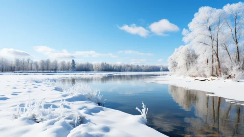 Winter Wonderland: Snow-Covered Trees and Tranquil River Landscape