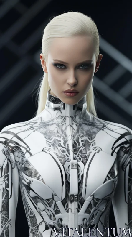 Woman in Futuristic Attire with Robot - High-Resolution Symmetrical Design AI Image