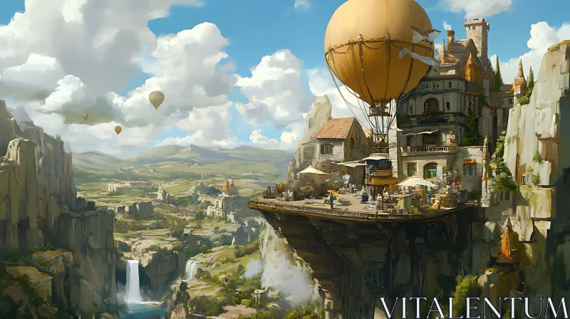 Whimsical Cliffside Village with Balloons