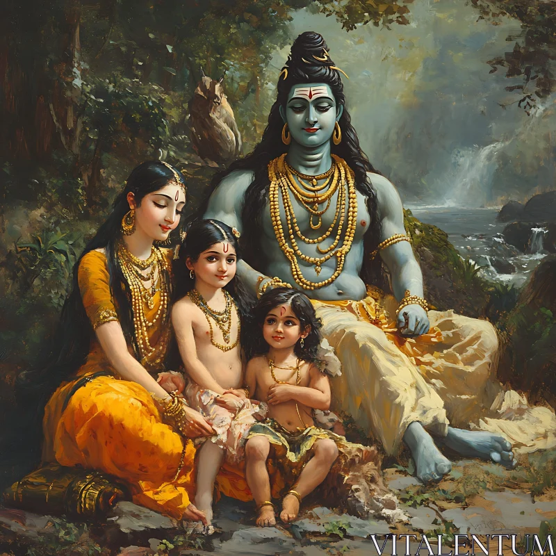 Serene Deity with Family by Waterfall