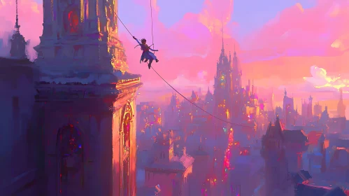 High-Wire Walker in a Dreamy Cityscape