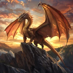 Dragon on Mountain Peak at Sunset