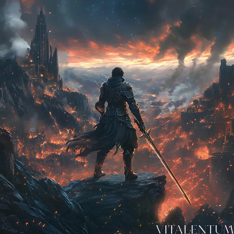 Cliffside Warrior Overlooking Burning City