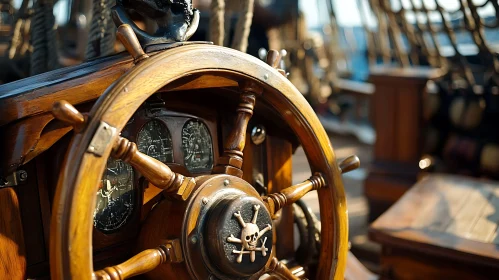 Antique Wooden Ship Wheel Close-Up