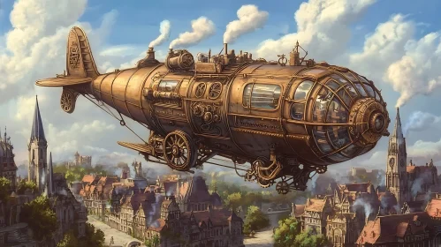 Bronze Airship Above European City