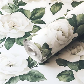 White Flower Wallpaper with Green Leaf Pattern