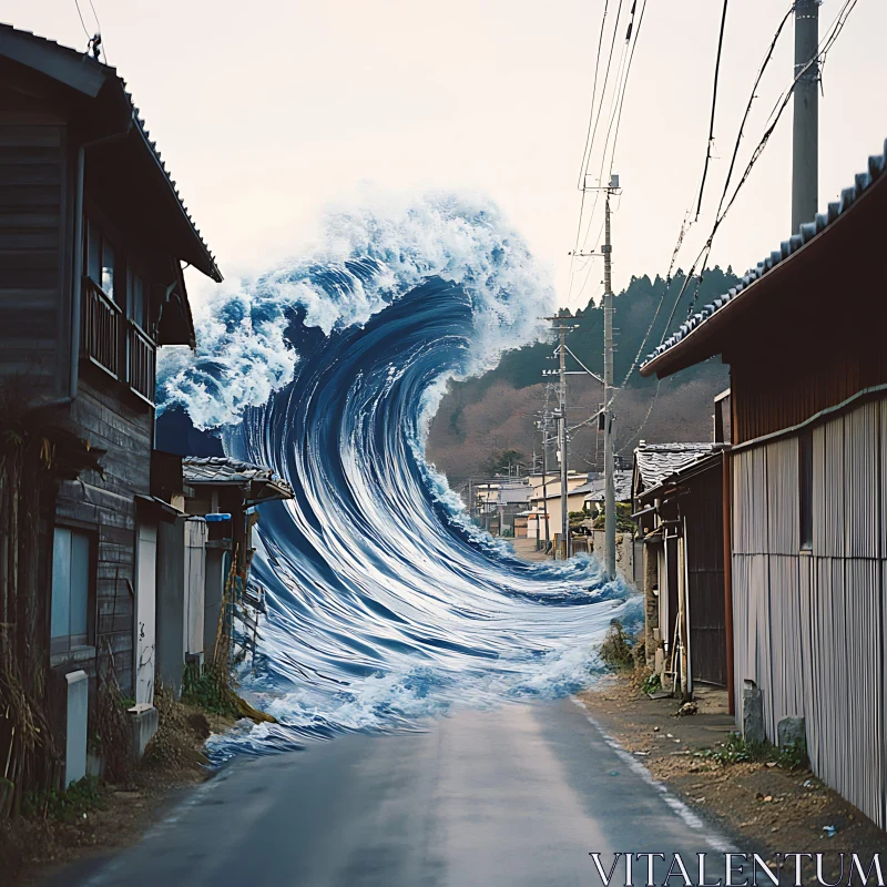 Giant Wave in Coastal Village