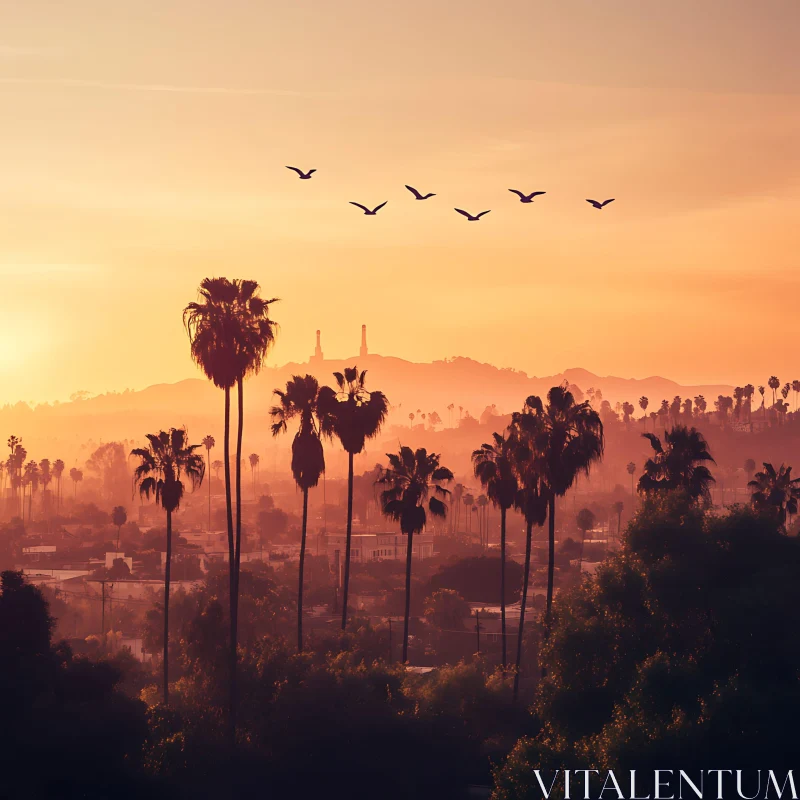 Sunset Palm Trees with Birds
