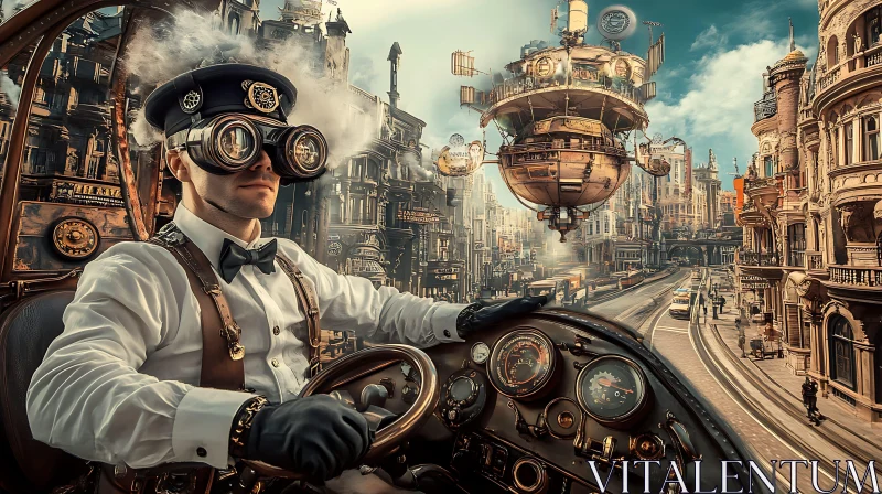 Vintage Steampunk Vehicle in Futuristic Cityscape