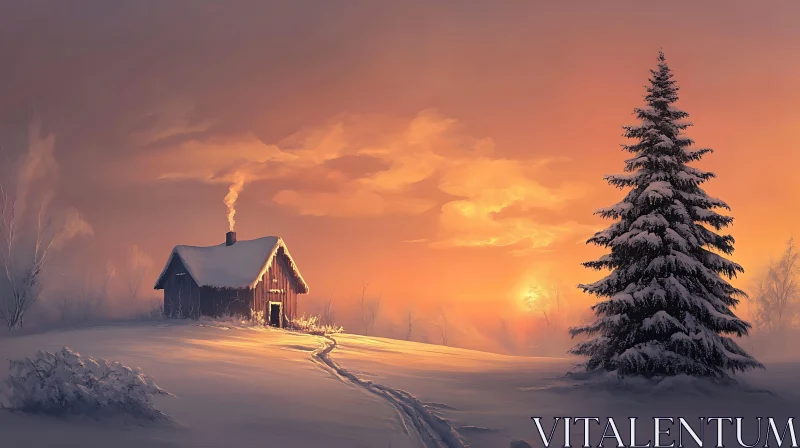Snowy Cabin in Winter Landscape