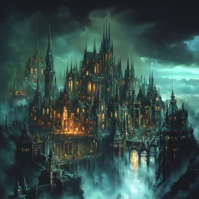 Gothic Castle Amidst Swirling Mist