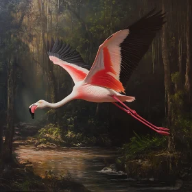 Pink Flamingo Over Forest River