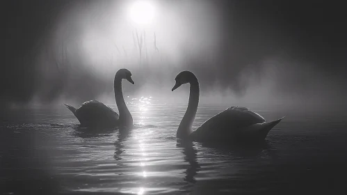 Monochrome Swans on Misty Water