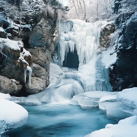 Frozen Waterfall in Snow-Covered Scenery