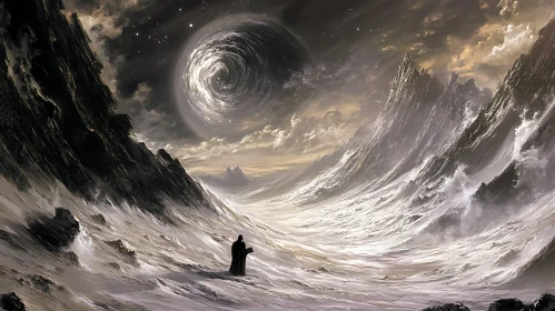 Monochrome Mountains and Swirling Sky