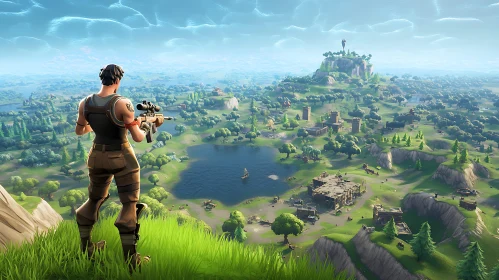 Scenic Fortnite Landscape with Armed Character