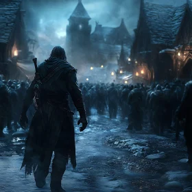 Blue-Grey Warrior in Fantasy Town
