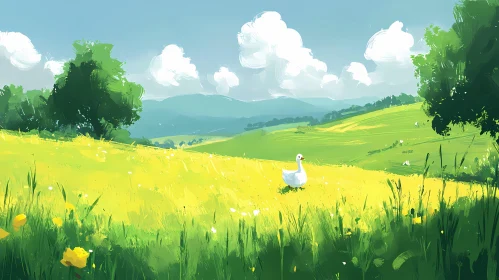 Summer Field with White Goose