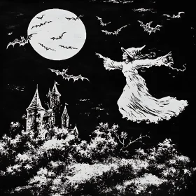 Monochrome Witch and Castle Illustration